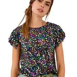by ANTHROPOLOGIE Pamela Sequin Top Small Black Multicolor Party Sparkle Glam